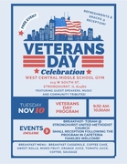 Event announcement graphic for the West Central Middle School Veterans Day Celebration, with the complete schedule, menu, and location details fully outlined in the article text below.